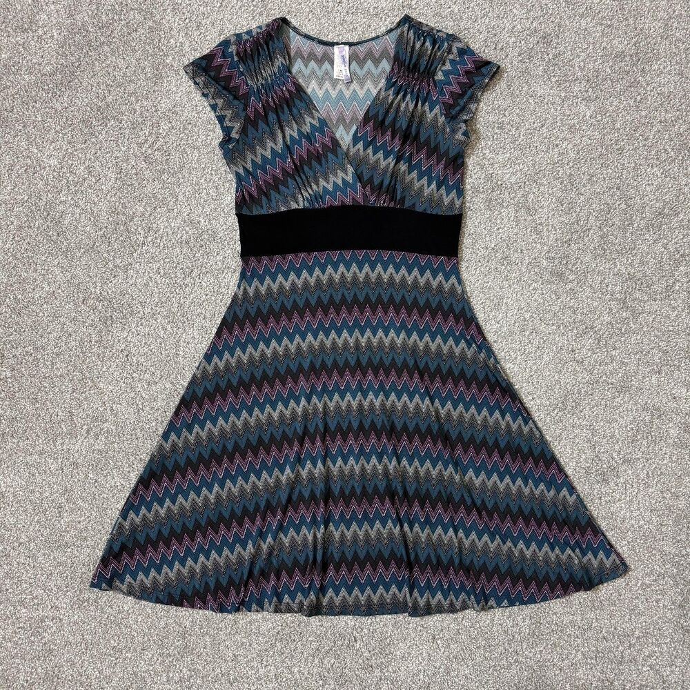 Purple Rain Dress Womens Medium Teal Chevron A-Line V-Neck Made USA 90s Vintage